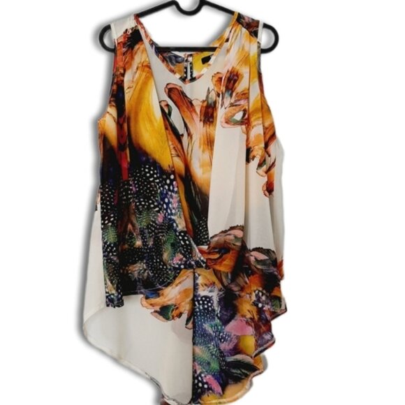 BEDO Silky Colorful Sleeveless Asymmetrical Tunic Blouse Top Hi-Low Hem Sz M/L - Picture 2 of 14